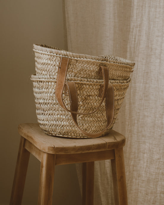 Small Palm Leaf & Leather Basket